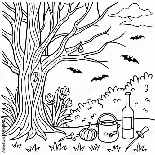 Witch’s Hollow Hideout black & white coloring page vector illustration