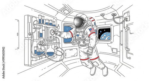 Astronaut conducting experiment in space station with astronaut experiment spacecraft cosmonaut spaceship
