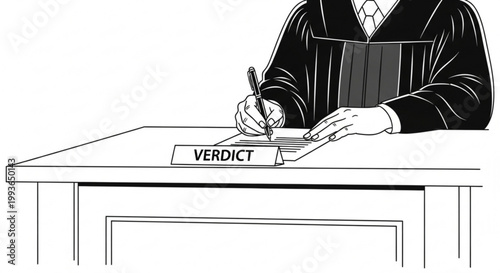 Judge signing verdict document with document, attorney
