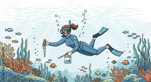 Female diver collecting samples underwater with underwater research scientist