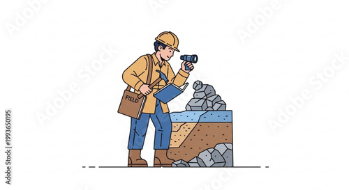 Geologist examining rock layers with magnifying glass and hammer geologist exploration research geological analysis examination scientist profession outdoors magnifying specimen discovery