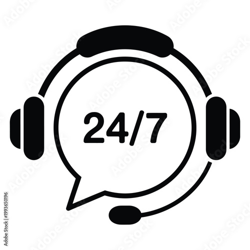 Headset with 24/7 support icon and speech bubble Represents customer service, communication, and assistance available day and night.