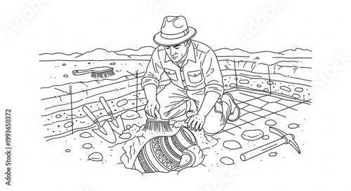 Archaeologist unearthing ancient vase with brush and tools archaeology archaeologist artifact excavation unearthing discovery research exploration profession activity landscape heritage