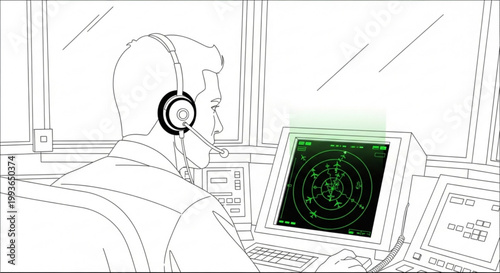 Air traffic controller monitoring radar screen with headphones controller aviation airplane monitoring tracking technology communication headphones computer operation management transport