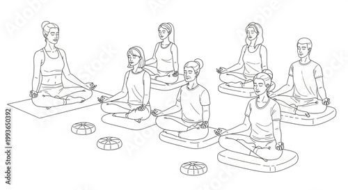Group of people meditating together in a yoga studio guided by an instructor cross legged meditation wellness exercise mindfulness relaxation serenity instructor breathing tranquility