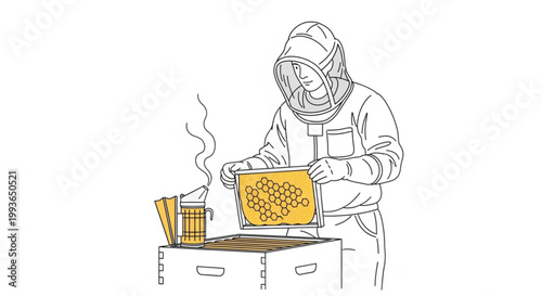 Beekeeper in protective suit inspecting honeycomb frame with line art beekeeper honeycomb protective agriculture production wildlife occupation illustration equipment foodstuff activity