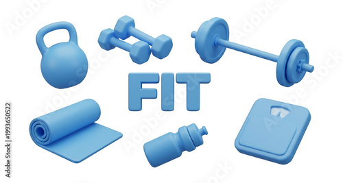 Set of 3D fitness and gym equipment icons in blue plastic style with kettlebell and dumbbells isolated on white