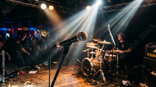 Live music concert stage with a prominent microphone stand under dramatic bright stage lights and blurry silhouette of a drummer performing in dark club