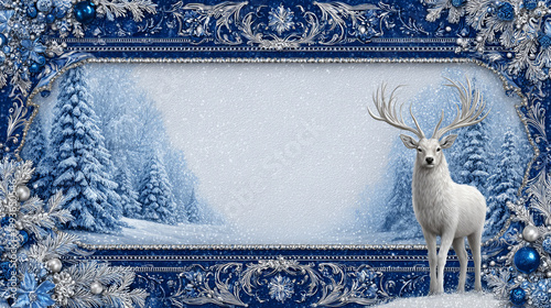An ornate winter banner featuring a majestic white stag in a snowy forest, framed by intricate blue and silver floral borders with Christmas ornaments and frosted pine branches.