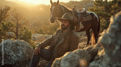Rugged Cowboy Resting on Rocky Mountainside with Saddled Horse at Golden Hour Sunset