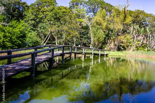 Wooden bridge over a pond with a nature trail in Porto Alegre Botanical Garden, Brazil.