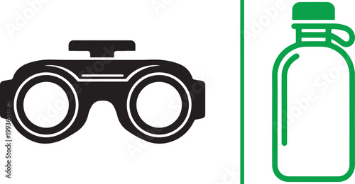 Flat vector icons of binoculars and a hiking water bottle canteen isolated on white background