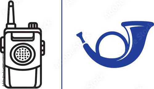 Walkie talkie radio transceiver and blue post horn vector icons isolated on white background