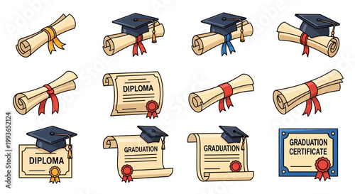 Graduation Diploma Certificate Icon Set.