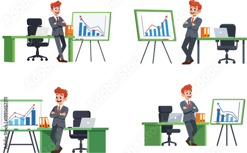 Foto Professional businessman character set showing financial growth charts on presen