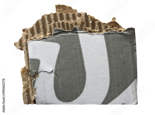 Torn piece of corrugated cardboard with ripped paper layer , rough textured edges isolated on transparent background for collage and design
