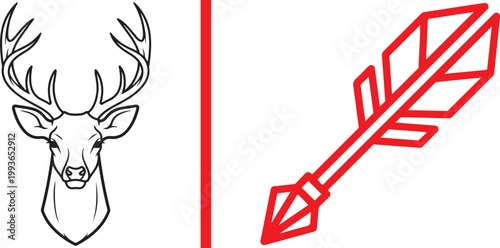 Buck deer head with antlers and red hunting arrow vector illustration isolated on white background