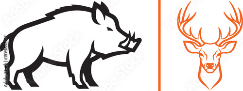 Wild boar and deer head minimalist vector icons isolated on white background