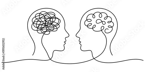 An artistic representation of two human head profiles with one showing a chaotic mind and one showing a clear mind. Vector, illustration