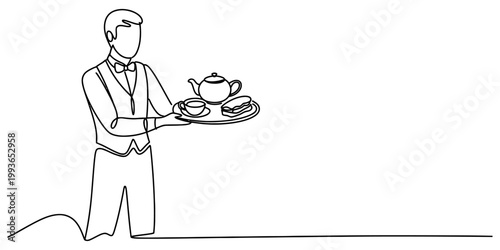 A continuous line drawing of a professional waiter holding a serving tray with a teapot and cup for guests. Vector, illustration