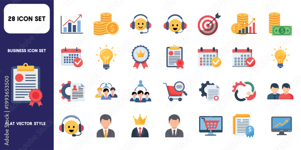 Fototapeta premium Startup Digital Marketing and Business Strategy Icon Set – Finance, Branding, Customer Support, Team Collaboration Flat Illustration