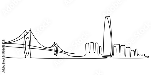 A single continuous line drawing of a city skyline showing a bridge and tall buildings on a plain white background. Vector, illustration