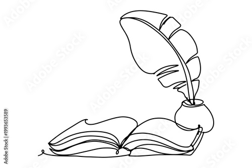 An open book and an inkwell with a pen. Continuous line drawing. Line art. Vector.
