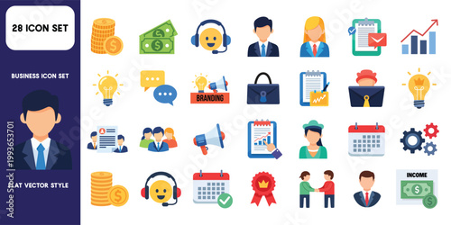 Startup Digital Marketing and Business Strategy Icon Set – Finance, Branding, Customer Support, Team Collaboration Flat Illustration