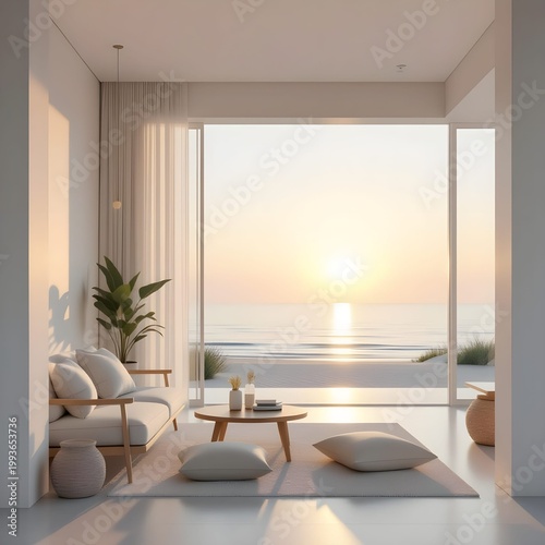 modern minimalist living room overlooking a serene beach and sea at sunrise