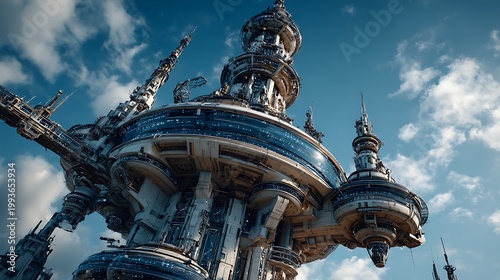 A detailed, intricate, and futuristic cityscape with towering structures, glass windows, and a cloudy sky.