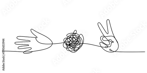 A single continuous line drawing of two hands transforming a messy tangled knot into a peaceful victory gesture Vector, illustration