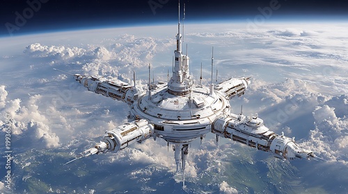 A massive, futuristic space station floating above the clouds with a sleek, metallic exterior.