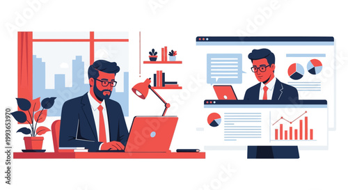 Businessman Working from Home Office with Data Dashboard and Video Call Concept