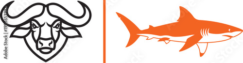 Buffalo head mascot and orange shark vector illustration set isolated on white background