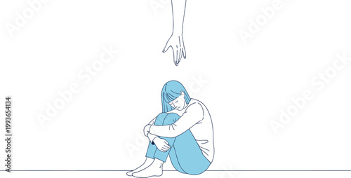 Vector illustration of helping hand reaching toward vulnerable person symbolizing support, care, and compassion