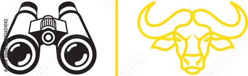 Binoculars and buffalo head vector icons isolated on white background for safari and wildlife observation