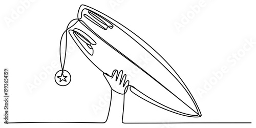 A single continuous line drawing of a person holding a surfboard with a circular star charm hanging from the deck Vector, illustration