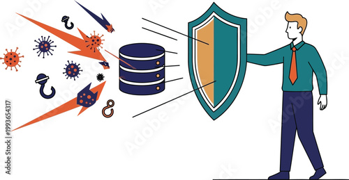 Cyber Security Professional Holding Shield Protecting Database from Malware Virus Attacks
