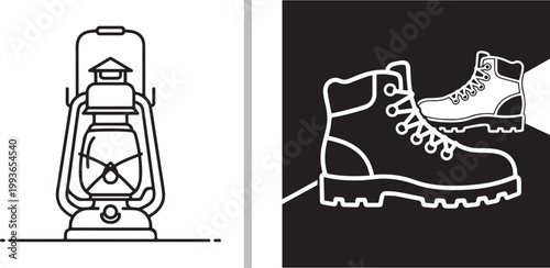 Vector illustration of a vintage oil lantern and hiking boots in minimalist line art style isolated on white background