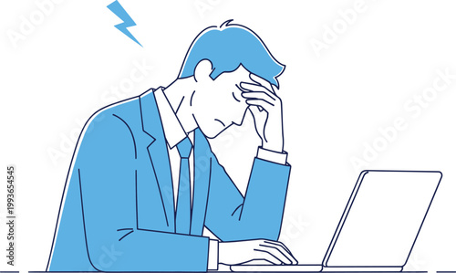 Vector illustration of stressed office worker at desk with laptop symbolizing workplace frustration and fatigue