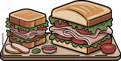 Turkey sandwich with lettuce and tomato for healthy lunch meal illustration