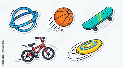 An energetic Flat Design icon set featuring various outdoor and active children's toys, perfect for themes of physical activity and play. 