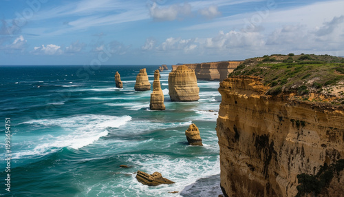 The Twelve Apostles limestone stacks stand tall in the ocean