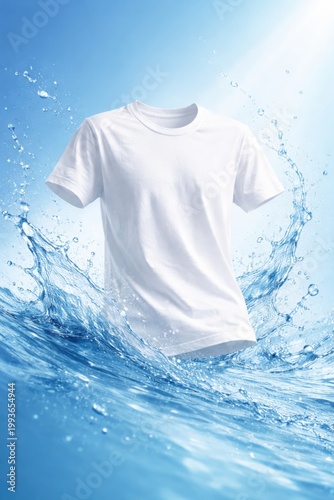 White t-shirt suspended in splashing water, clean clothing and refreshing laundry concept.