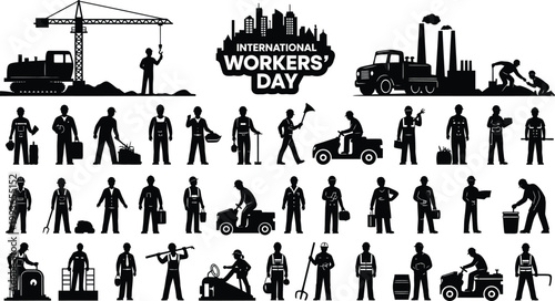 International workers day illustration depicting various professions and labor