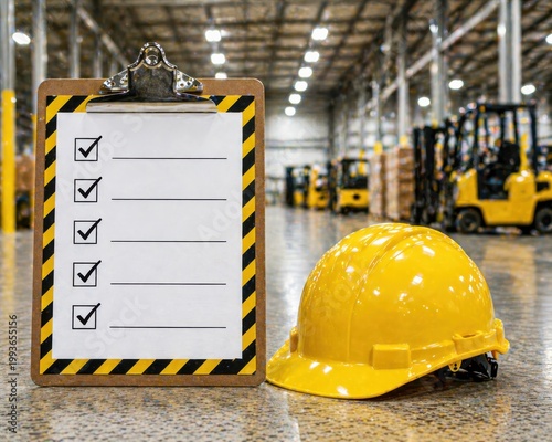 Yellow hard hat and safety checklist clipboard in large industrial warehouse background.