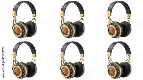 Steampunk style headphones with gold accents and leather straps in various positions