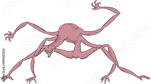 vector illustration shows a slender fantasy creature with six limbs and long flexible arms, featuring surreal design and imaginative original character concept draw