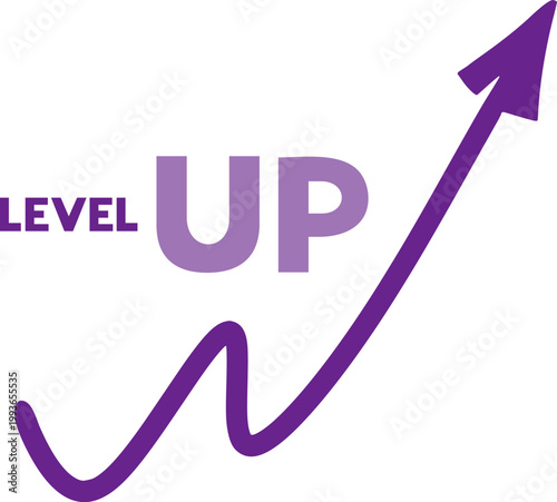 Vector symbol featuring “level up” with a creative upward arrow expressing progress, ambition, and motivation draw