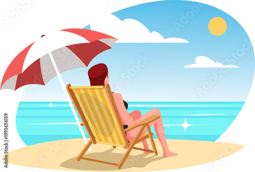 girl in swimsuit is sunbathing on beach while sitting in chair